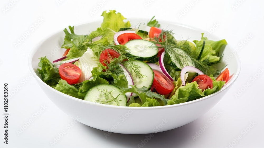 Fresh garden salad with crisp greens, tomatoes, and cucumbers in a clean white bowl on a plain background. Fresh garden salad with crisp greens, tomatoes, and cucumbers in a clean white bowl on a plain background.