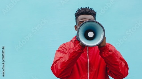 Dark-skinned man hiding his face behind loudspeaker makes loud advertisement on pastel light blue background. Unknown man in red elegant jacket loudly announces crazy discounts. Advertisement concept.