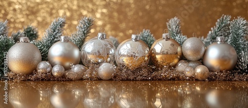 Elegant silver Christmas baubles arranged on a luxurious golden backdrop adorned with festive pine elements and sparkling decorations photo