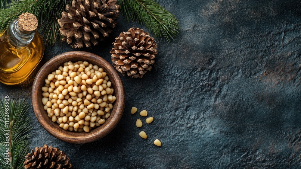 Pine nuts in a wooden bowl with pine cones and oil surrounded by greenery on a textured background