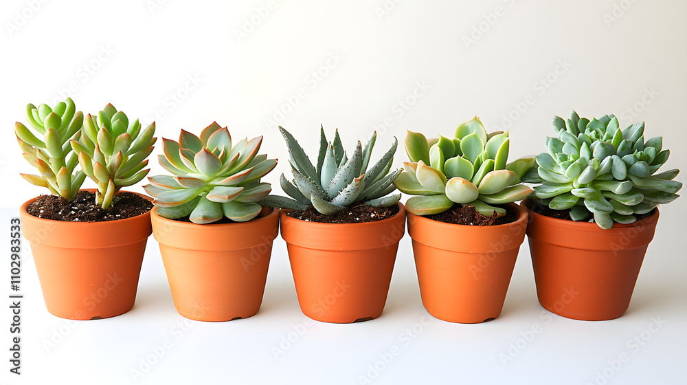 Five assorted succulents in terracotta pots, arranged in a row against a white background. Perfect for home decor, gardening, or plant-related content. Five assorted succulents in terracotta pots, arranged in a row against a white background. Perfect for home decor, gardening, or plant-related content.