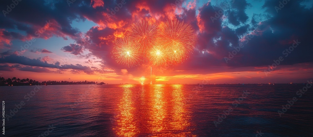 Vibrant fireworks illuminating the evening sky over calm waters creating a festive celebration atmosphere Vibrant fireworks illuminating the evening sky over calm waters creating a festive celebration atmosphere