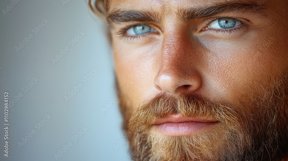 Bearded male portrait with expressive blue eyes against a neutral background ideal for text overlay or promotional messages Bearded male portrait with expressive blue eyes against a neutral background ideal for text overlay or promotional messages