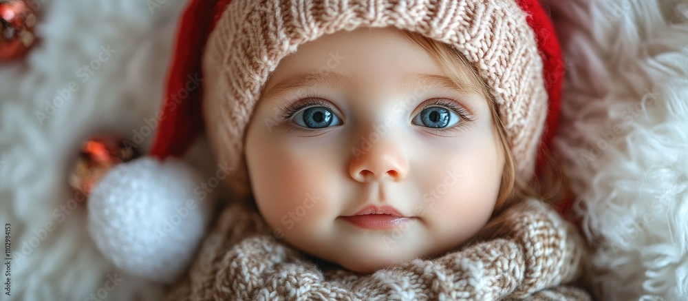 Cute baby girl in festive Santa hat and cozy attire surrounded by Christmas decorations and gifts on a soft white background. Cute baby girl in festive Santa hat and cozy attire surrounded by Christmas decorations and gifts on a soft white background.