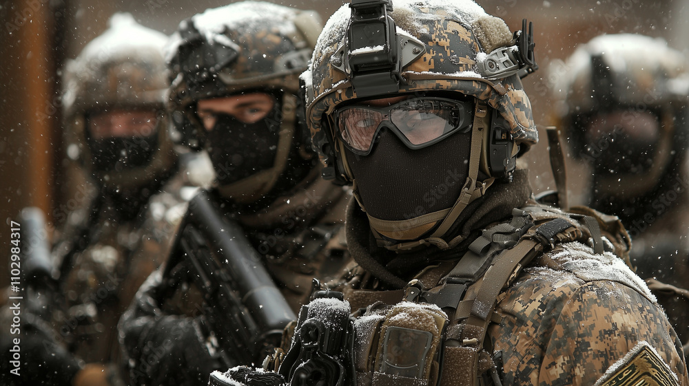 Special forces soldiers in winter camouflage gear stand alert in snowy environment, ready for counter terrorism operation. Their focused expressions and advanced equipment highlight their