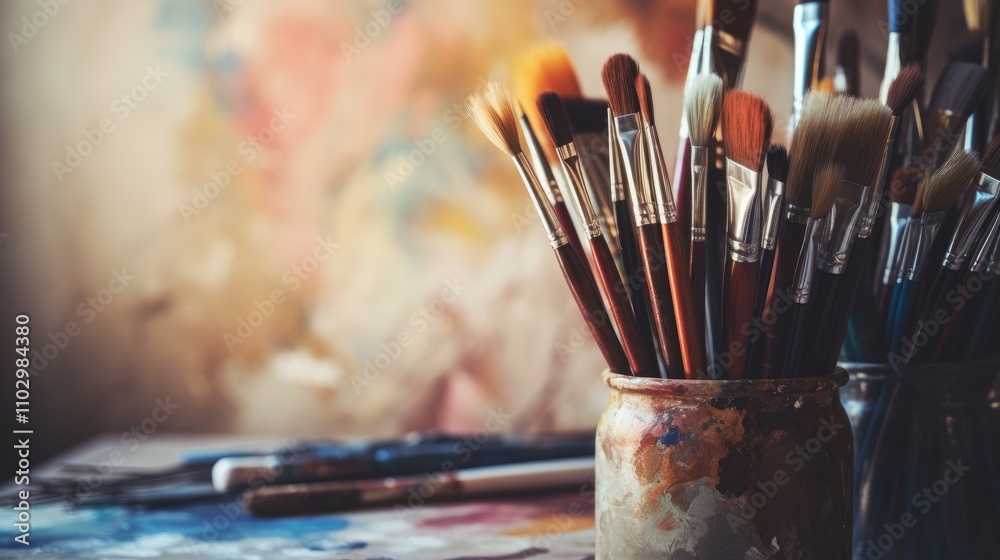 Fototapeta premium Artistic array of paintbrushes displayed in jars on a creative workspace table with colorful artistic background for inspiration and creativity.