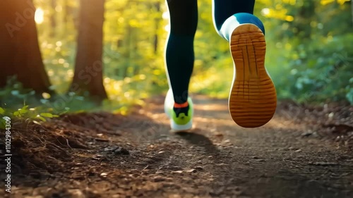 A person is running through a forest with their feet in the dirt. The person is wearing yellow shoes
