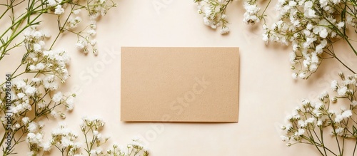 Birds eye view of a blank paper card surrounded by delicate white gypsophila flowers on a neutral background for customizable invitations or notes