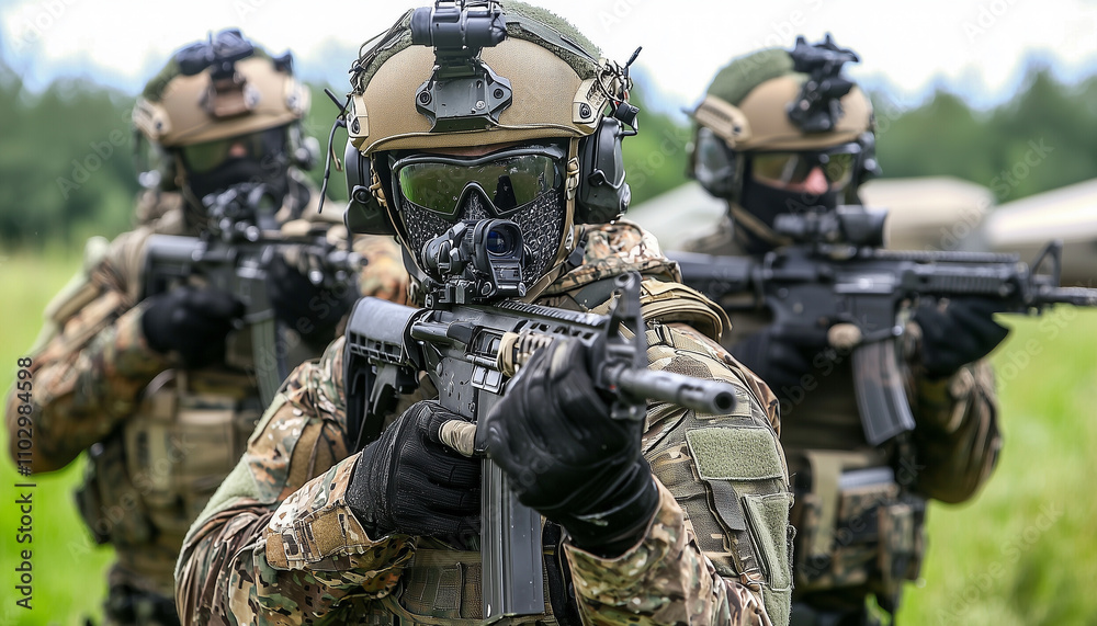 Fototapeta premium Special operations forces in tactical gear conduct high altitude operation, showcasing teamwork and precision in forested environment