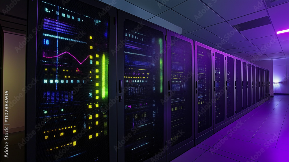 Data Center Glow: Rows of powerful servers hum with activity, their glowing lights casting an ethereal ambiance in a scene of modern technology and digital infrastructure. Data Center Glow: Rows of powerful servers hum with activity, their glowing lights casting an ethereal ambiance in a scene of modern technology and digital infrastructure.