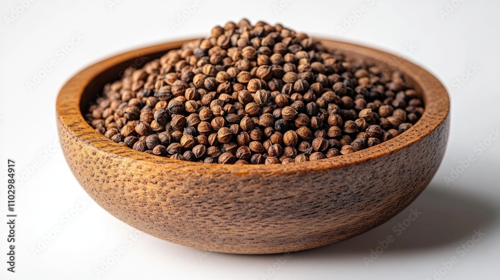 Coriander seeds arranged in a wooden bowl on a white background showcasing organic spices and natural ingredients for culinary use. Coriander seeds arranged in a wooden bowl on a white background showcasing organic spices and natural ingredients for culinary use.