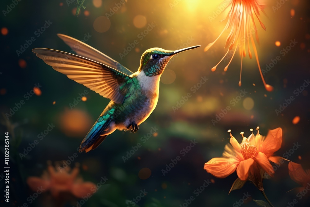 Fototapeta premium Hummingbird and Flower in Lush Emerald and Amber Tones