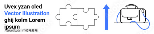 Two interlocking puzzle pieces, an upward arrow, and a bag. Ideal for business strategy, teamwork, growth, success, organization, planning, education Landing page