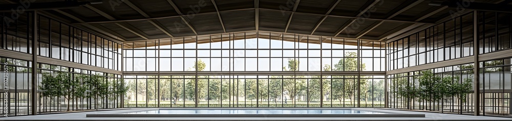 Modern indoor space with large glass windows and a pool, surrounded by greenery. Modern indoor space with large glass windows and a pool, surrounded by greenery.