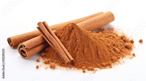 Cinnamon sticks and ground cinnamon on a white background showcasing the rich texture and vibrant color of this popular spice photo