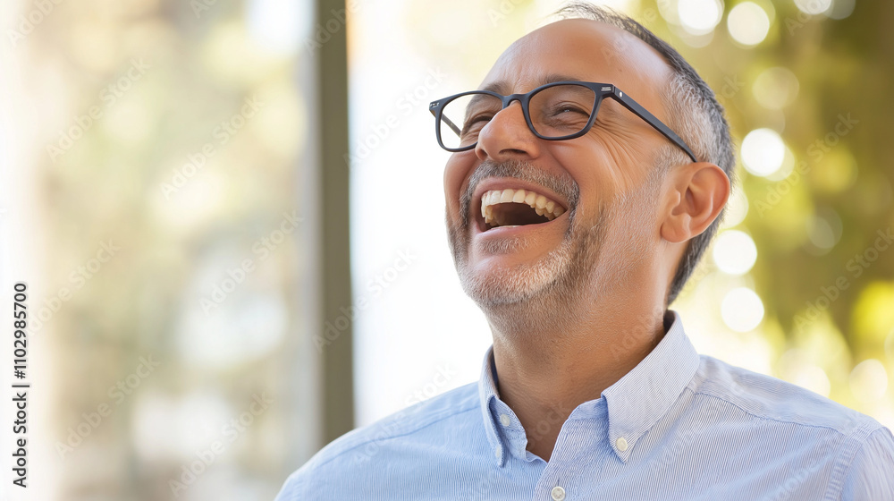 © fangphotolia - Joyful Mature Man: Portrait of a happy middle-aged man with glasses laughing heartily, radiating positive energy and good vibes.