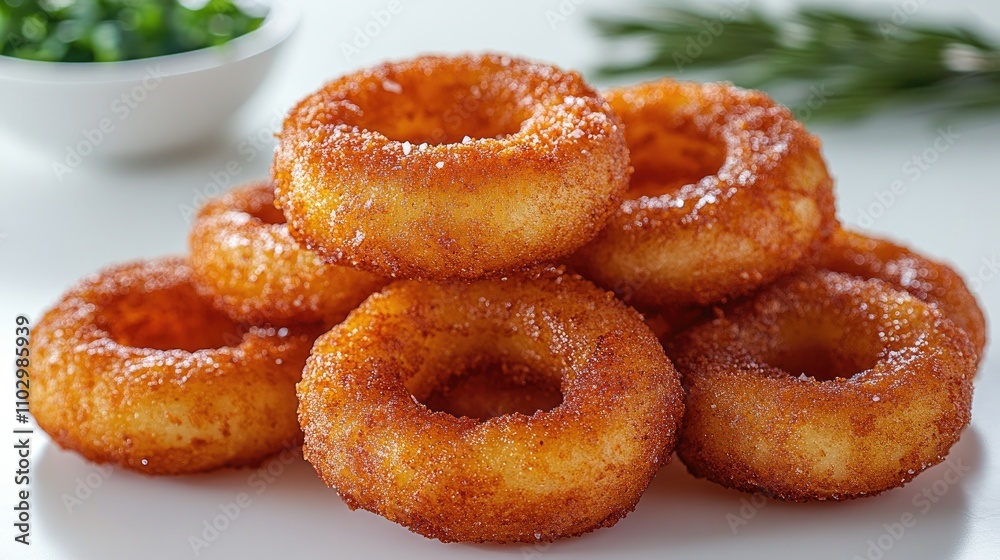 Crispy golden fried potato rings stacked on a white surface with garnishes showcasing a delicious savory snack option Crispy golden fried potato rings stacked on a white surface with garnishes showcasing a delicious savory snack option