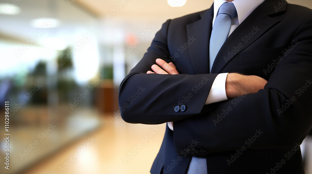 Confident Businessman: Portrait of a successful businessman with arms crossed, exuding confidence and professionalism in a modern office setting. This image conveys authority, competence. Confident Businessman: Portrait of a successful businessman with arms crossed, exuding confidence and professionalism in a modern office setting. This image conveys authority, competence.