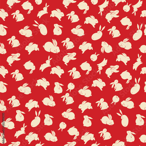 Seamless pattern with white rabbit silhouette in different position on blue background. Vector illustration.