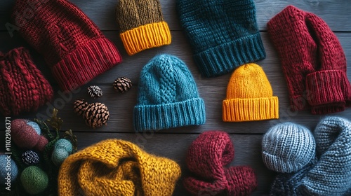 A collection of colorful ribbed beanies displayed on a table alongside woolen mittens and scarves, ready for winter wear 