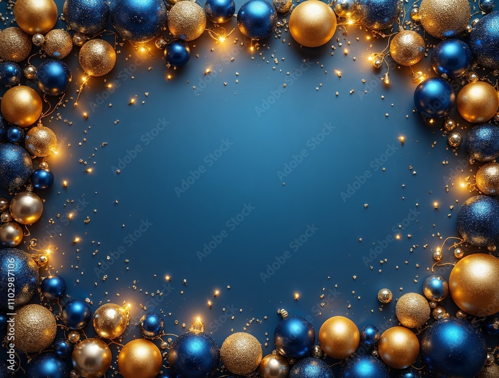 Christmas and New Year's card: blue background with blue and gold ornaments, empty space in the center Christmas and New Year's card: blue background with blue and gold ornaments, empty space in the center