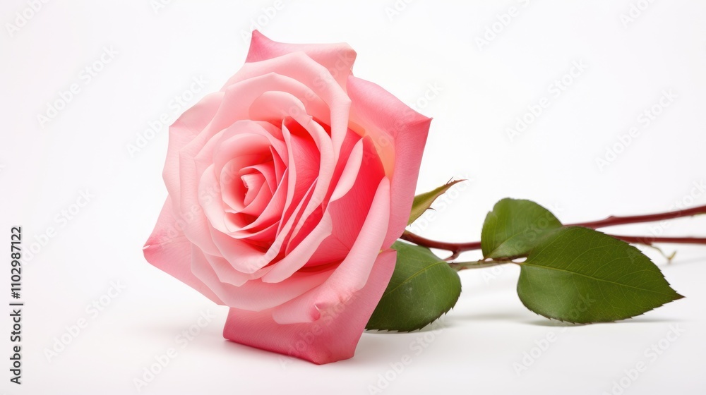 delicate pink rose with soft petals and green leaves isolated on pristine white background perfect for romantic or floral themes delicate pink rose with soft petals and green leaves isolated on pristine white background perfect for romantic or floral themes