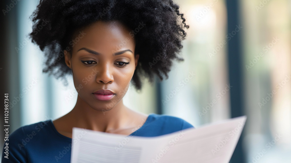 Focused Woman Reading Newspaper: A thoughtful woman with an afro deeply engrossed in reading a newspaper, showcasing her intellectual curiosity and engagement with current events. Focused Woman Reading Newspaper: A thoughtful woman with an afro deeply engrossed in reading a newspaper, showcasing her intellectual curiosity and engagement with current events.
