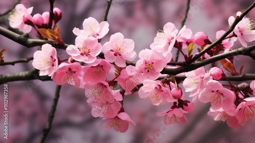 Delicate pink plum blossoms in close-up showcasing intricate petals and natural beauty in a serene springtime setting.