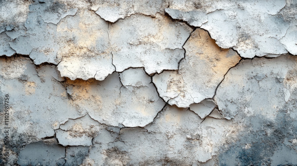 Cracked and peeling white plaster wall texture conveying a vintage grunge aesthetic ideal for backgrounds and design projects Cracked and peeling white plaster wall texture conveying a vintage grunge aesthetic ideal for backgrounds and design projects