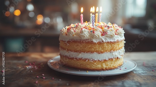 Birthday cake with candles and festive decorations on a rustic wooden table, celebrating a joyful occasion with soft background lighting.