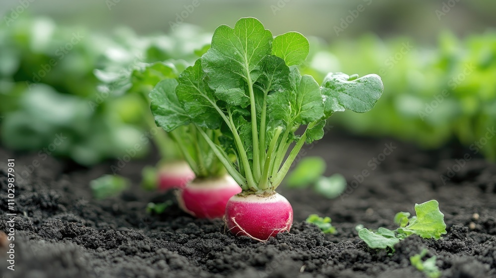 Radish plants with vibrant green leaves growing in rich, dark soil undersoft natural lighting in a lush garden setting. Radish plants with vibrant green leaves growing in rich, dark soil undersoft natural lighting in a lush garden setting.
