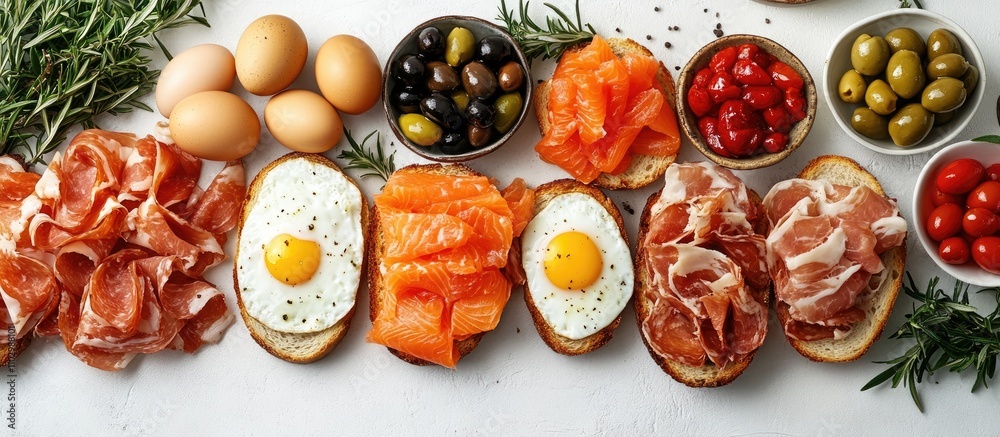 Gourmet bruschetta assortment with salmon, olives, eggs, and cured meats on a white table garnished with fresh herbs and cherry tomatoes Gourmet bruschetta assortment with salmon, olives, eggs, and cured meats on a white table garnished with fresh herbs and cherry tomatoes
