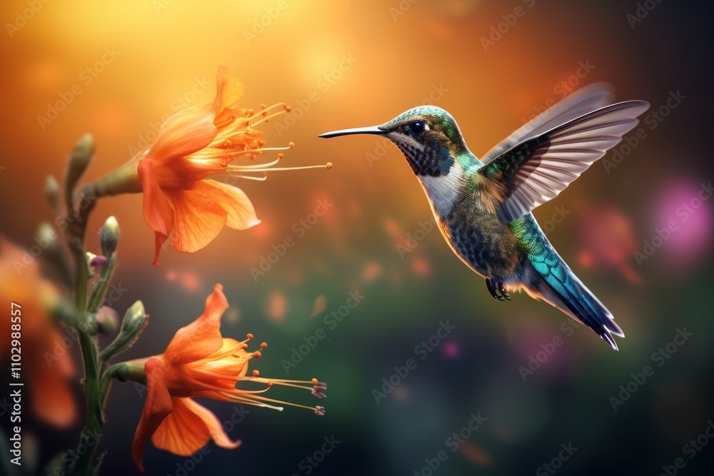 Naklejka premium Ray-Traced Hummingbird in Enchanting, Exotic Jungle Scene