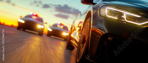 high speed chase at sunset with police cars pursuing vehicle on highway, creating tense and dramatic scene photo