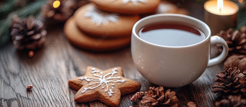 Festive gingerbread cookies with a cup of tea and pinecones on wooden table creating a cozy traditional holiday atmosphere Festive gingerbread cookies with a cup of tea and pinecones on wooden table creating a cozy traditional holiday atmosphere