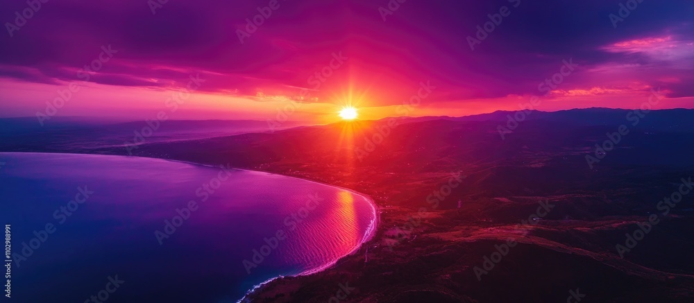 Aerial drone view capturing vibrant sunset over beach landscape highlighting technology's harmony with nature Aerial drone view capturing vibrant sunset over beach landscape highlighting technology's harmony with nature