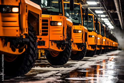 Orange Snowplow Trucks in Garage: Winter Snow Management Preparation"