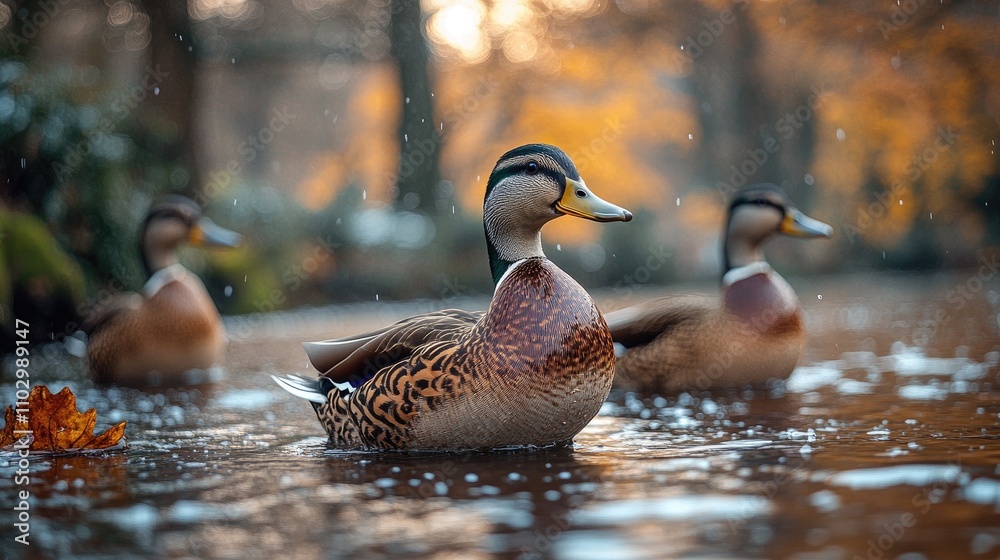 Fototapeta premium Ducks Swimming Gracefully in a Serene Waterbody Surrounded by Autumn Colors