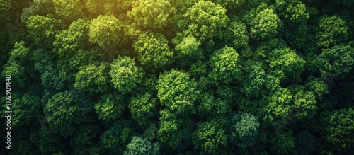 Aerial view of lush green forest canopy under sunlight showcasing tropical rainforest afforestation and natural beauty for eco-tourism. photo