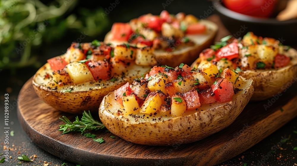 Baked stuffed potatoes with fresh vegetables on a wooden board against a colorful background close up food photography Baked stuffed potatoes with fresh vegetables on a wooden board against a colorful background close up food photography