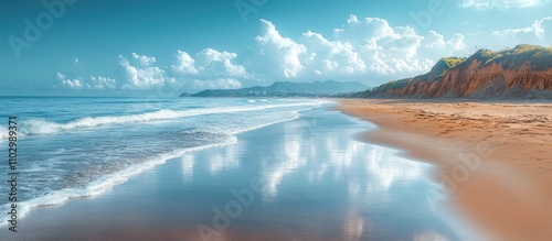 Serene coastal landscape with gentle waves reflecting clouds and cliffs along a tranquil beach at sunrise or sunset photo