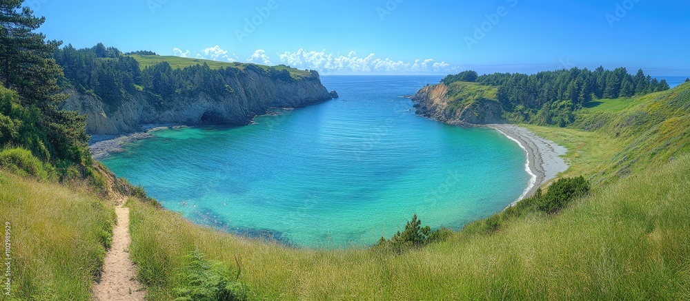 Scenic coastal bay with turquoise water surrounded by lush greenery and a winding trail leading to the beach and canyon view. Scenic coastal bay with turquoise water surrounded by lush greenery and a winding trail leading to the beach and canyon view.