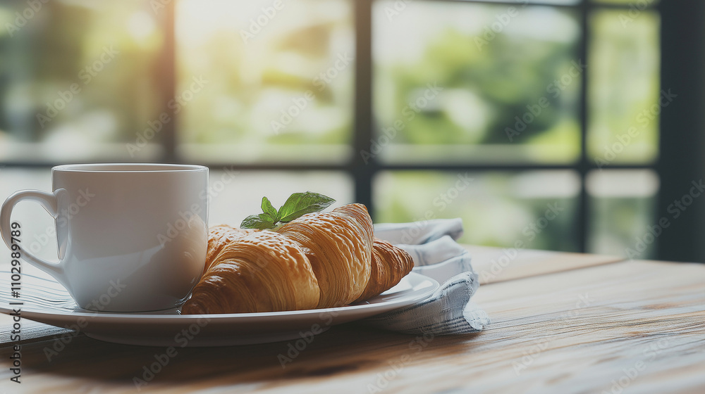 Morning Croissant & Coffee: A warm, inviting scene of a fresh croissant and steaming cup of coffee on a rustic wooden table, bathed in soft sunlight filtering through a window. Morning Croissant & Coffee: A warm, inviting scene of a fresh croissant and steaming cup of coffee on a rustic wooden table, bathed in soft sunlight filtering through a window.
