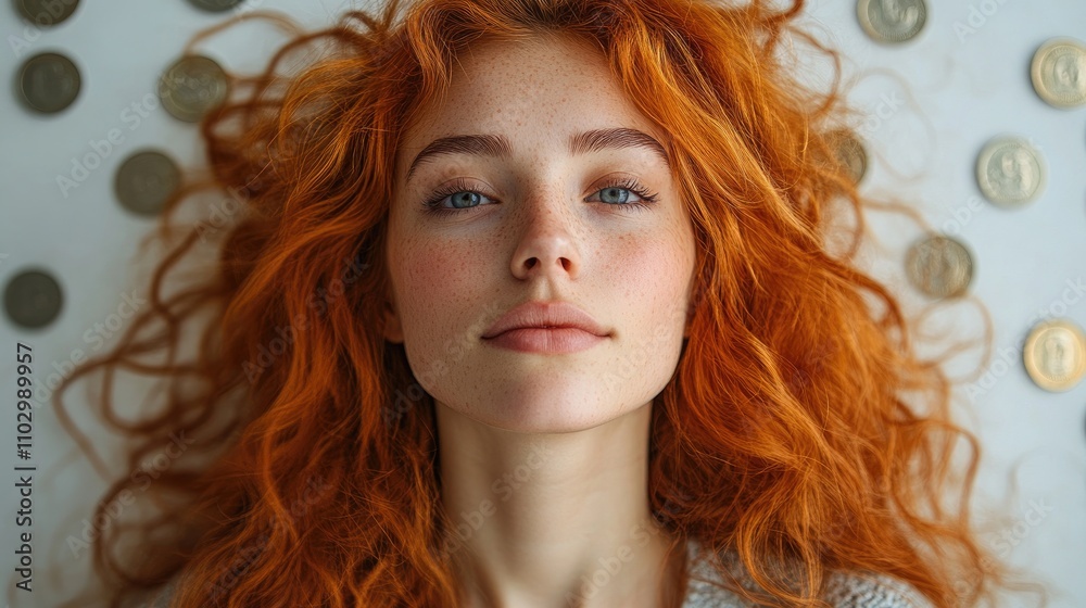 Naklejka premium Young woman with vibrant red hair surrounded by coins on a white background symbolizing wealth and aspiration