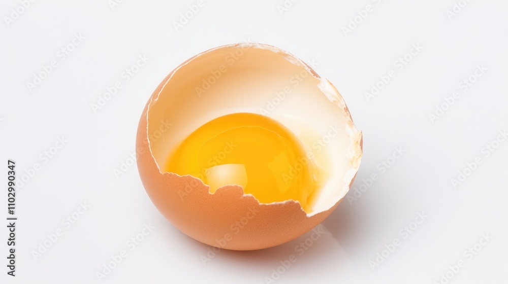 Cracked chicken egg shell with yolk displayed on a clean white background for culinary or food-related themes Cracked chicken egg shell with yolk displayed on a clean white background for culinary or food-related themes