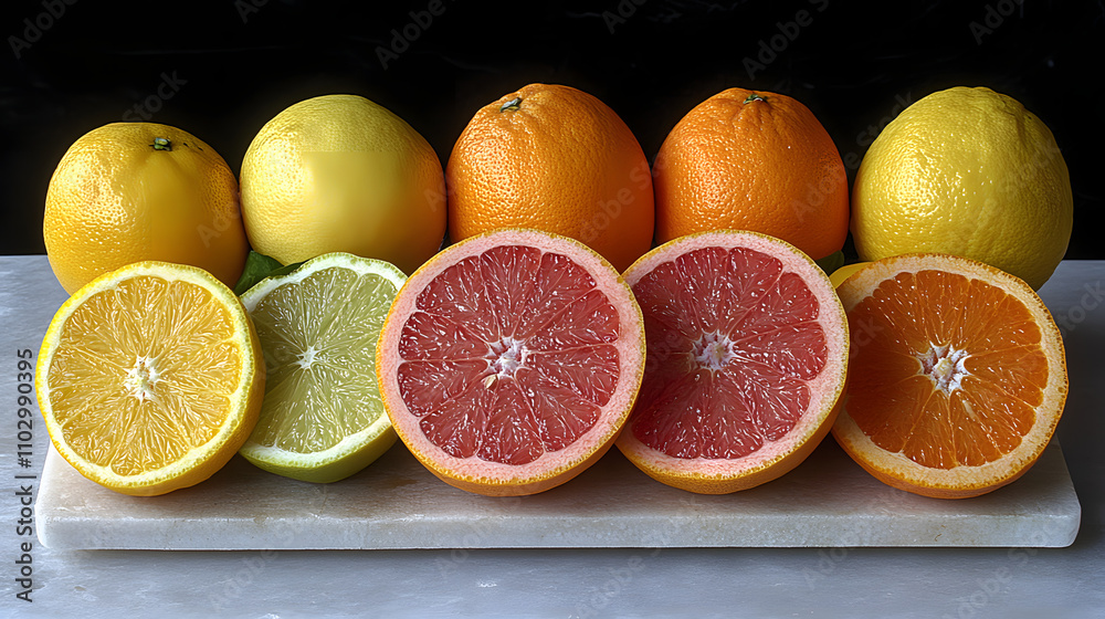 A vibrant display of citrus fruits: oranges, grapefruits, lemons, and limes. A vibrant display of citrus fruits: oranges, grapefruits, lemons, and limes.