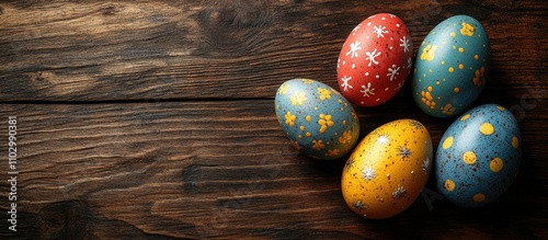 Colorful Easter eggs arranged artistically on a rustic wooden kitchen table for springtime celebration and decoration ideas. photo