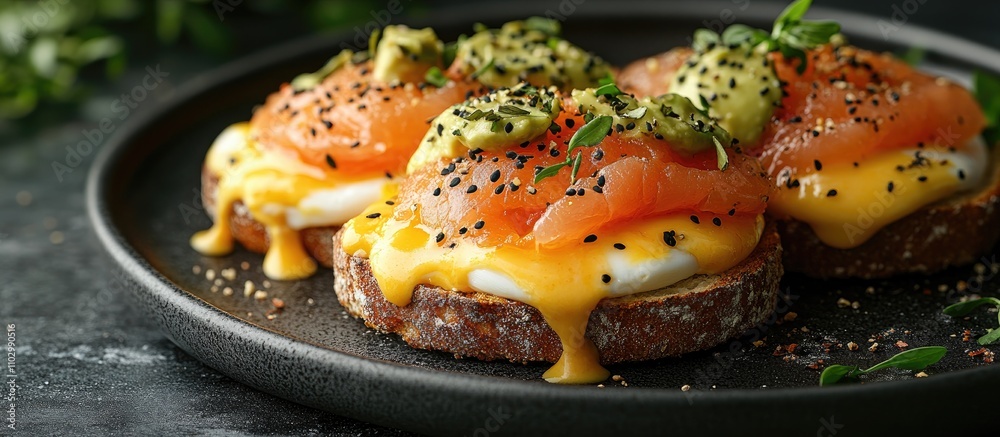Elegant Eggs Benedict showcasing toasted English muffin topped with poached eggs smoked salmon avocado and hollandaise sauce served on plate