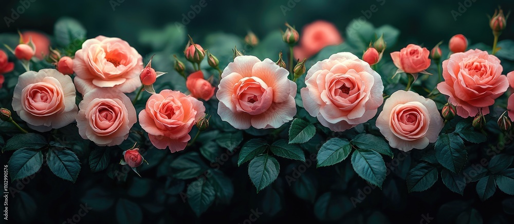 Pink and white rose bush arrangement with lush green leaves in a serene garden setting Pink and white rose bush arrangement with lush green leaves in a serene garden setting