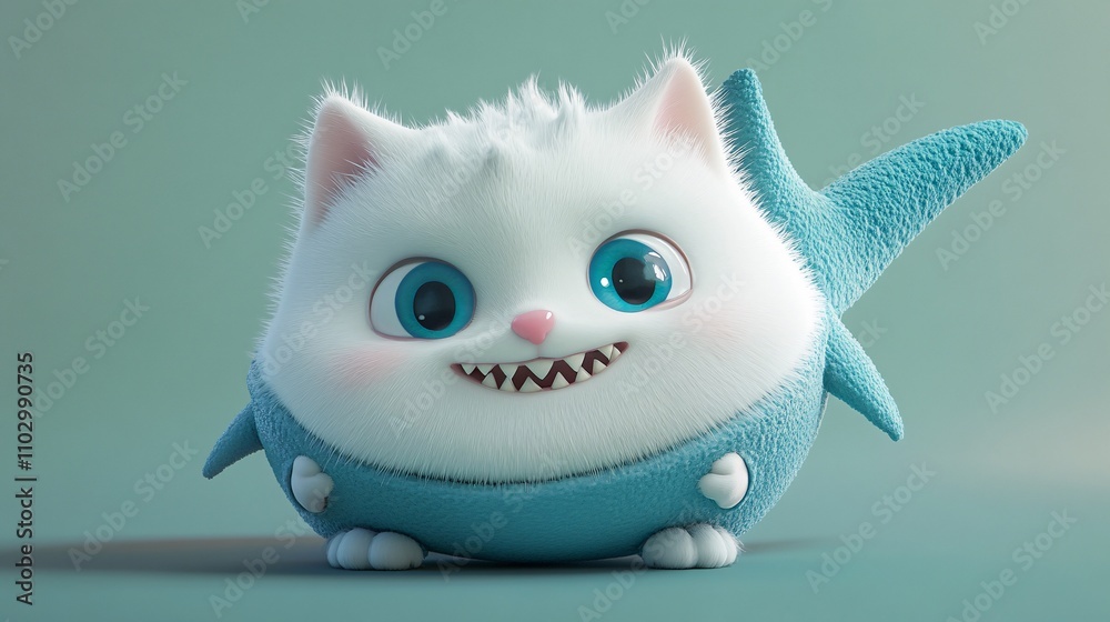 Fototapeta premium 118.A charming 3D character illustration of a fat white cat, snugly dressed in a playful shark costume with large cartoon eyes and teeth. The soft textures of the cat s fur and the exaggerated design